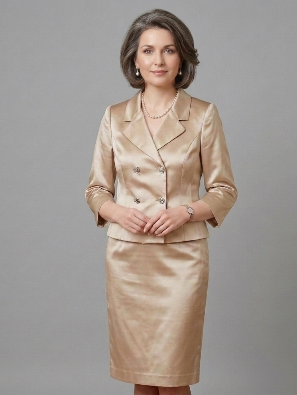Vintage Ann Taylor Silk Blend Satin Skirt Suit Set Champagne Color Size 8